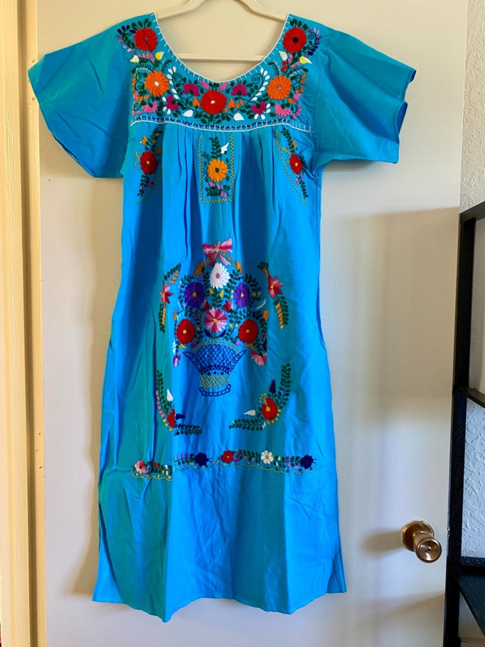 Blue Floral Mexican Embroidered midi dress